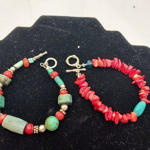 Two faux turquoise & coral Bracelets